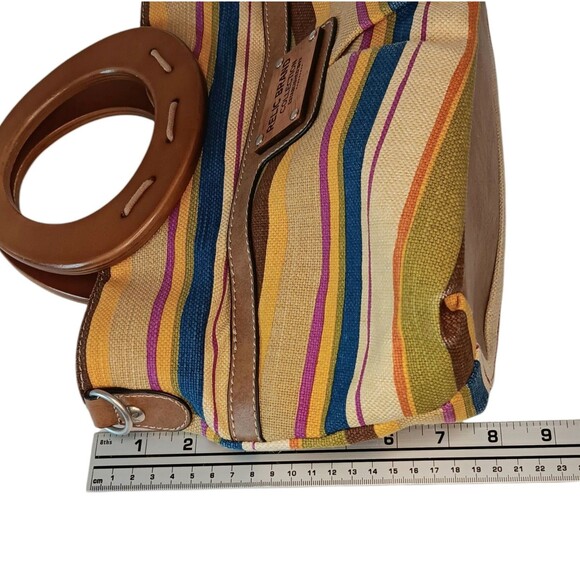 Striped Canvas Clutch Purse Wooden Handles Tan Blue Brown Summer Relic Brand - Picture 12 of 14